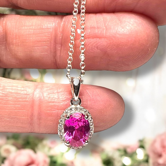 Bright Pink Sapphire Pendant Handcrafted in Sterling Silver 925 - Picture 6 of 10